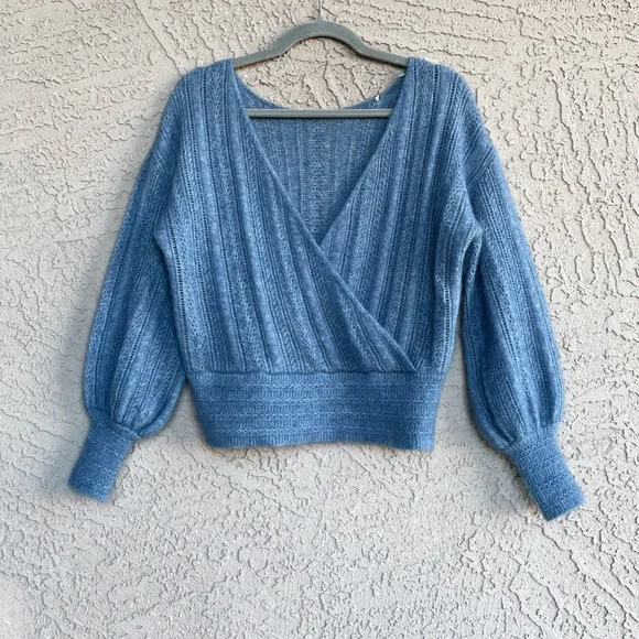 SEZANE Blue Mohair Wool V Neck Crossover Cristina Sweater Balloon Sleeve Jumper - Picture 3 of 17